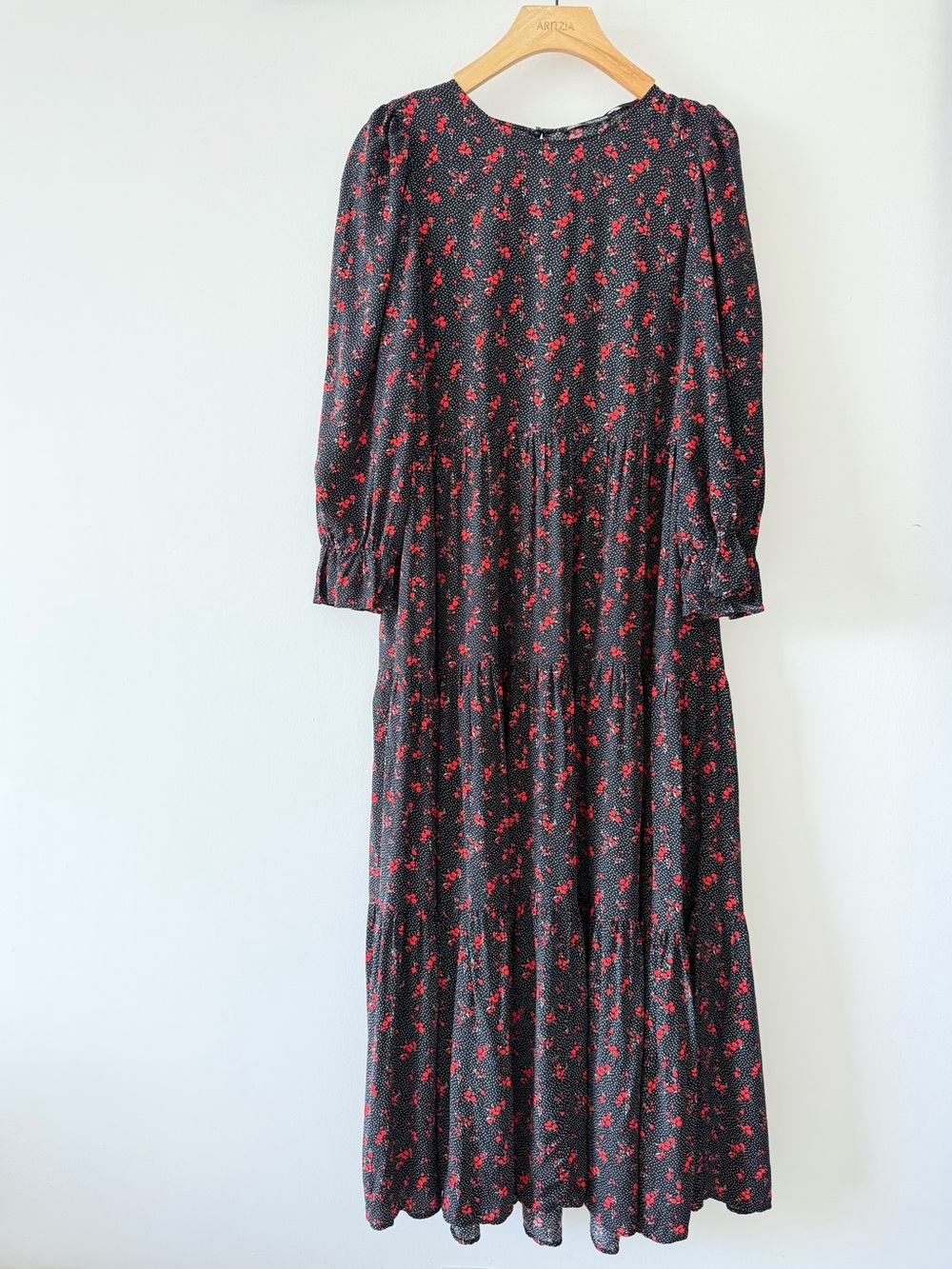 Zara Black Red Floral Polka Dot Maxi Dress Viscose Puff Sleeve Cottagecore S - Picture 2 of 12